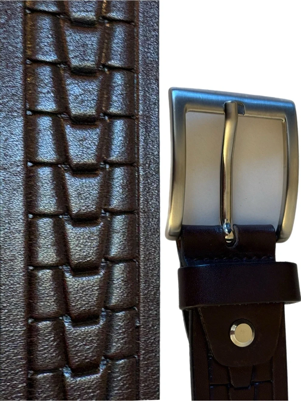 Fossil Belt Men’s Brown Raised Woven Leather with Silver Tone Buckle 35